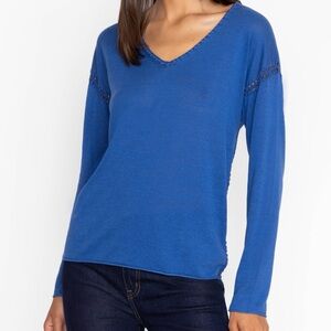 Johnny Was Silk Linen Blend Lightweight Whipstitch Pullover Top Royal Blue